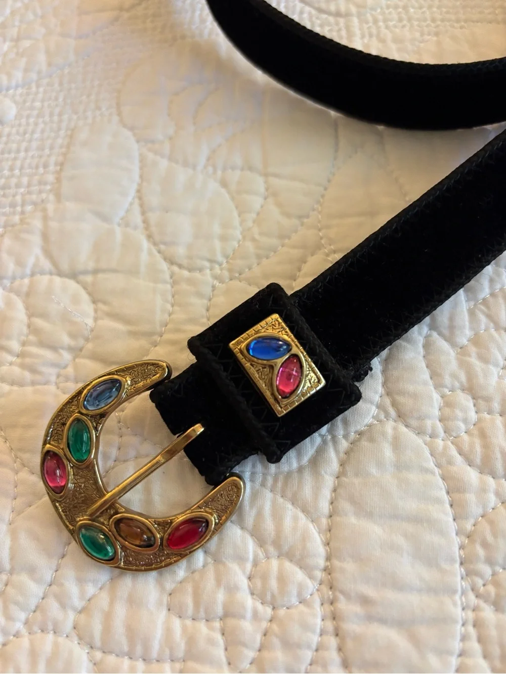 Vintage Black Women's Belt with Multicolor Stone Buckle